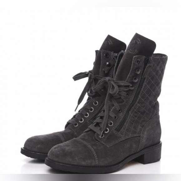 CHANEL Suede Quilted CC Tall Lace Up Combat Boots Grey - Picture 1 of 11